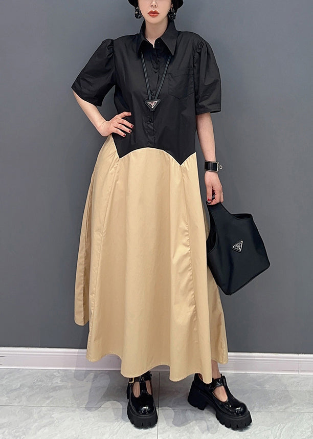 Casual Khaki Peter Pan Collar Patchwork Cotton Maxi Dress  Summer LY0559 - fabuloryshop