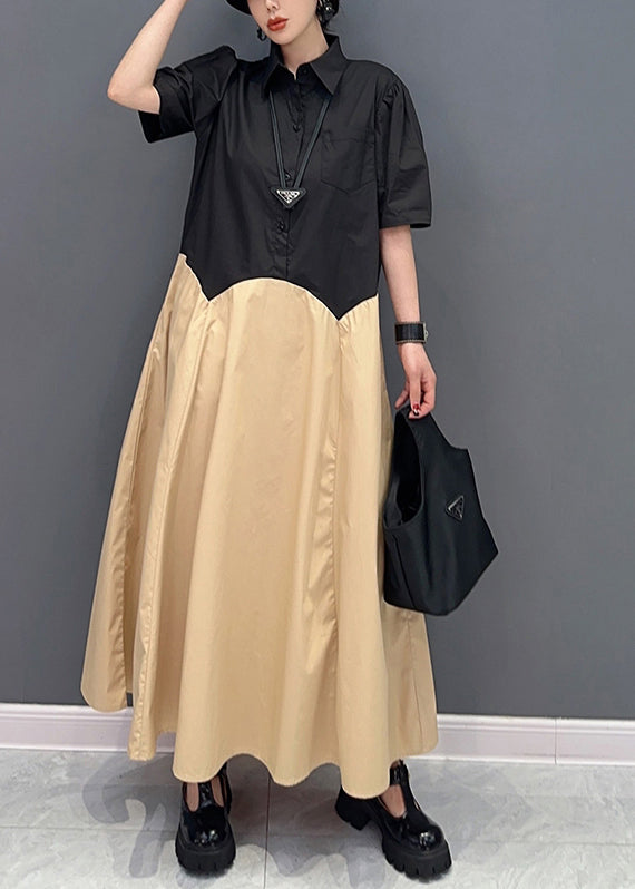 Casual Khaki Peter Pan Collar Patchwork Cotton Maxi Dress  Summer LY0559 - fabuloryshop