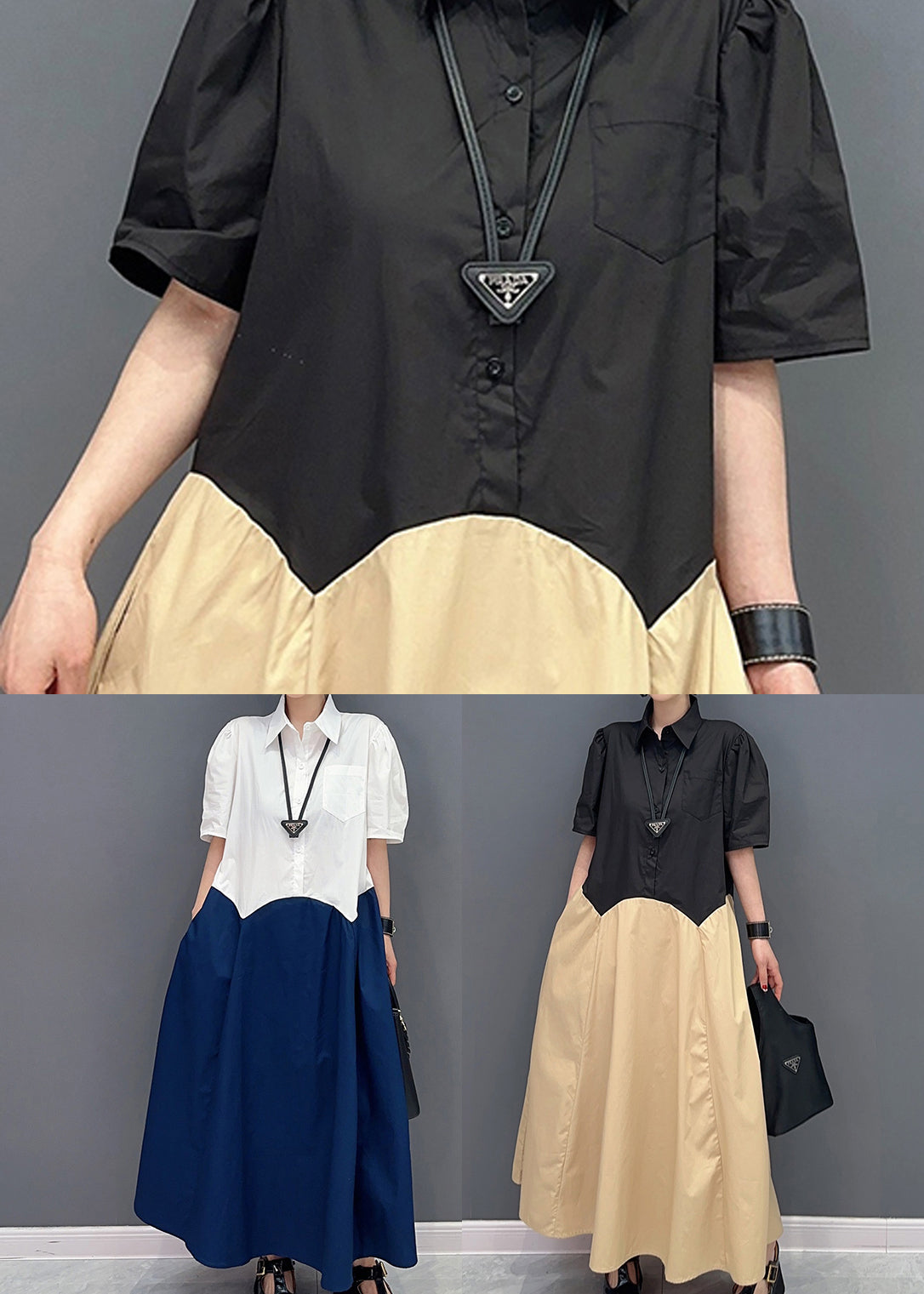 Casual Khaki Peter Pan Collar Patchwork Cotton Maxi Dress  Summer LY0559 - fabuloryshop