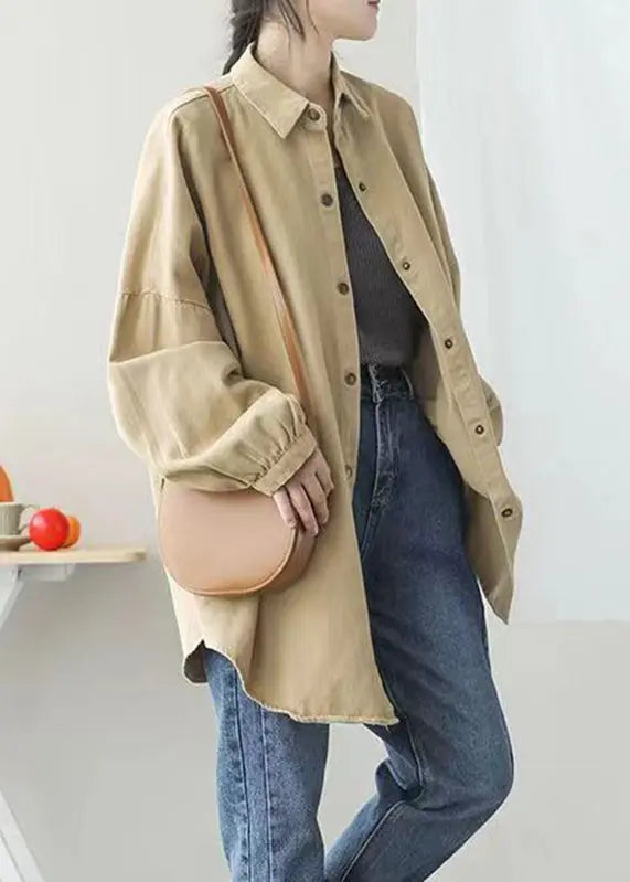 Casual Khaki Peter Pan Collar Pockets Button Mid Coat Lantern Sleeve Ada Fashion