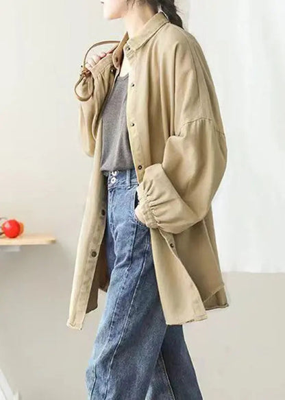 Casual Khaki Peter Pan Collar Pockets Button Mid Coat Lantern Sleeve Ada Fashion