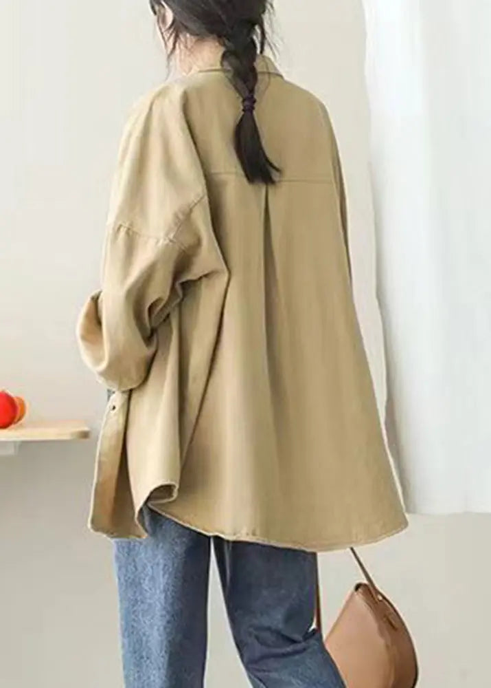 Casual Khaki Peter Pan Collar Pockets Button Mid Coat Lantern Sleeve Ada Fashion