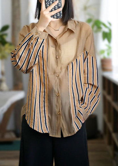 Casual Khaki Peter Pan Collar Striped Patchwork Cotton Top Spring LY3815 - fabuloryshop