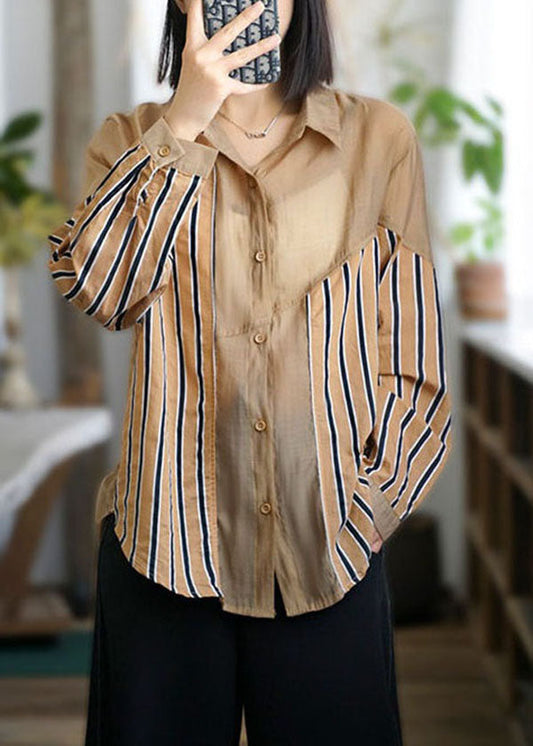 Casual Khaki Peter Pan Collar Striped Patchwork Cotton Top Spring LY3815 - fabuloryshop