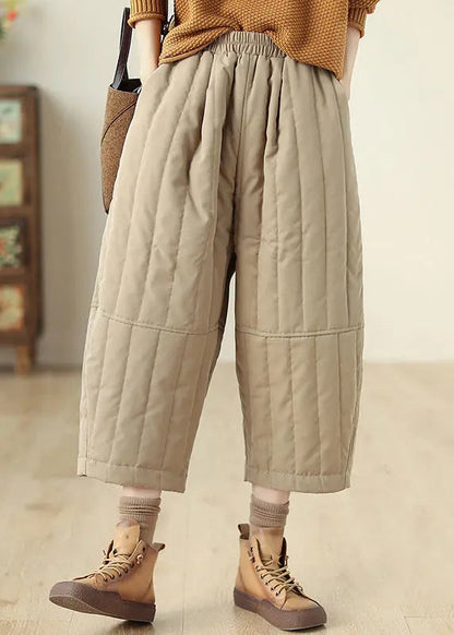 Casual Khaki Pockets Elastic Waist Fine Cotton Filled Crop Pants Winter Ada Fashion