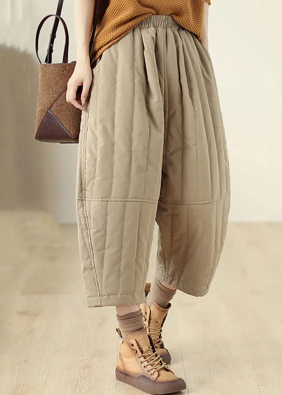 Casual Khaki Pockets Elastic Waist Fine Cotton Filled Crop Pants Winter Ada Fashion