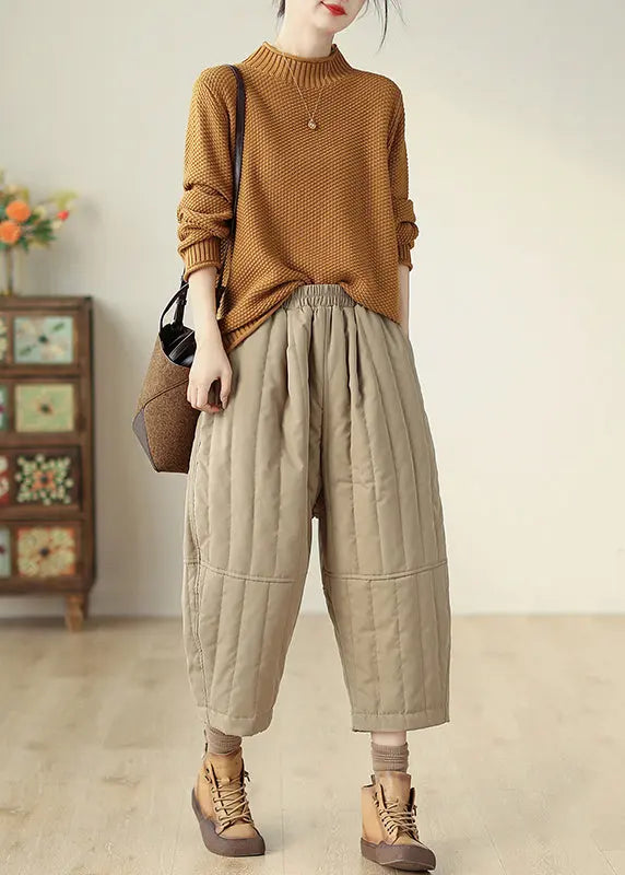 Casual Khaki Pockets Elastic Waist Fine Cotton Filled Crop Pants Winter Ada Fashion