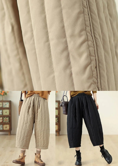 Casual Khaki Pockets Elastic Waist Fine Cotton Filled Crop Pants Winter Ada Fashion