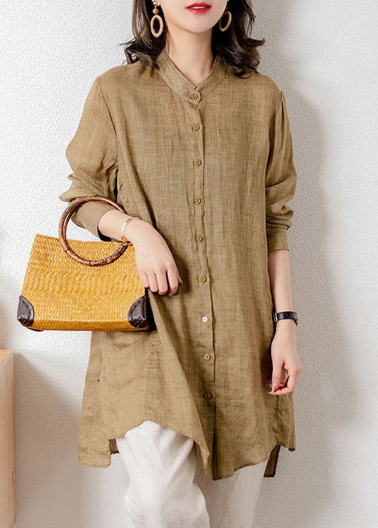 Casual Khaki Stand Collar Patchwork Button Linen Top Spring LY1414 - fabuloryshop