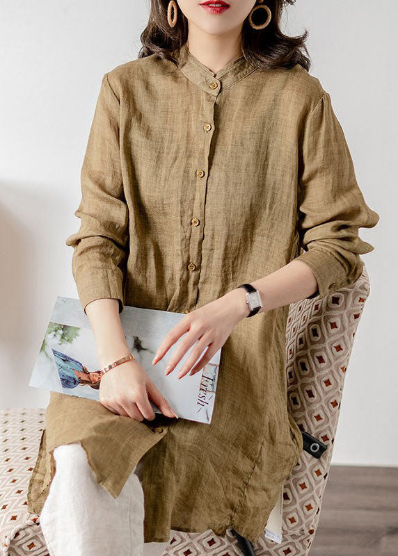 Casual Khaki Stand Collar Patchwork Button Linen Top Spring LY1414 - fabuloryshop