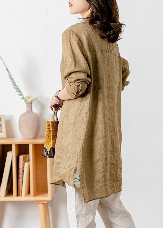 Casual Khaki Stand Collar Patchwork Button Linen Top Spring LY1414 - fabuloryshop