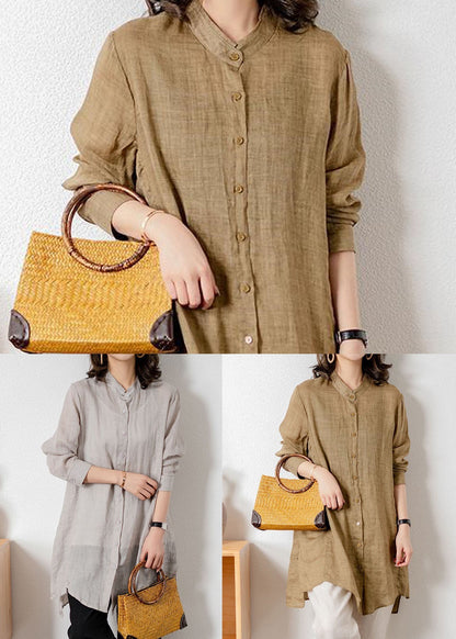 Casual Khaki Stand Collar Patchwork Button Linen Top Spring LY1414 - fabuloryshop