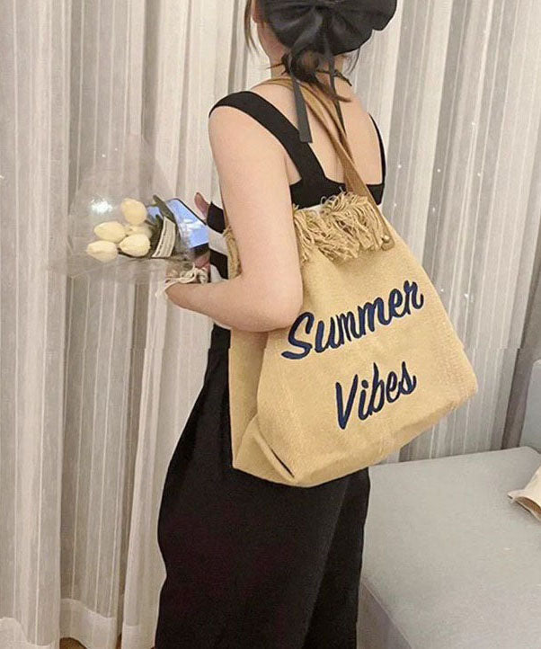 Casual Khaki Tassel Letter Embroidery Canvas Tote Handbag LY1389 - fabuloryshop