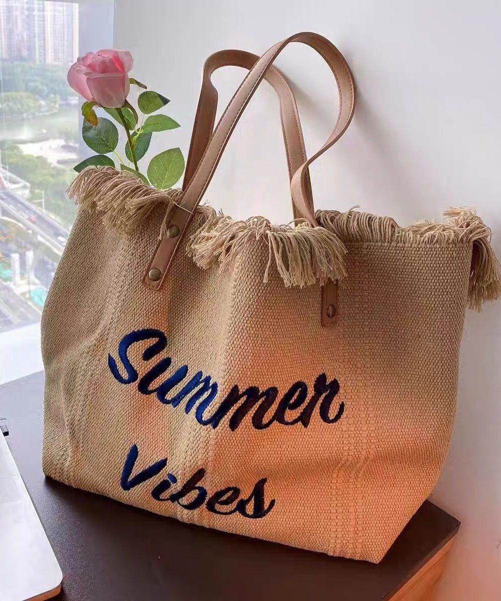 Casual Khaki Tassel Letter Embroidery Canvas Tote Handbag LY1389 - fabuloryshop