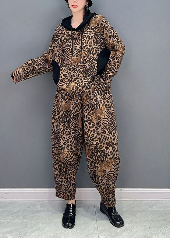 Casual Leopard Hooded Patchwork Cotton Two Pieces Set Spring LY1570 - fabuloryshop