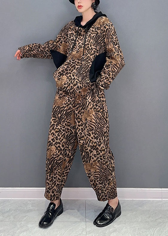 Casual Leopard Hooded Patchwork Cotton Two Pieces Set Spring LY1570 - fabuloryshop