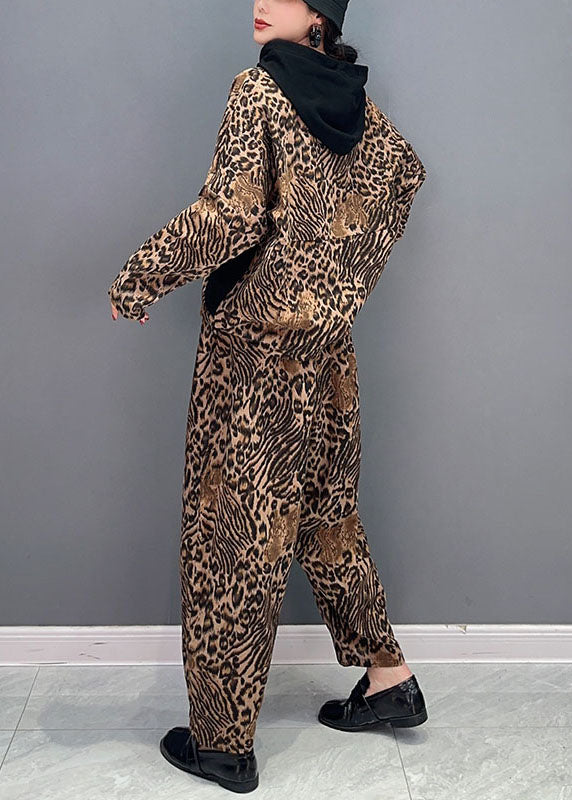 Casual Leopard Hooded Patchwork Cotton Two Pieces Set Spring LY1570 - fabuloryshop