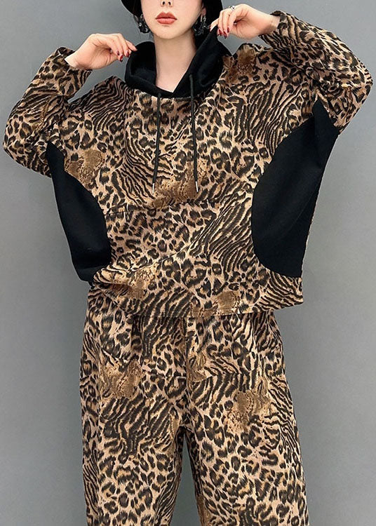 Casual Leopard Hooded Patchwork Cotton Two Pieces Set Spring LY1570 - fabuloryshop