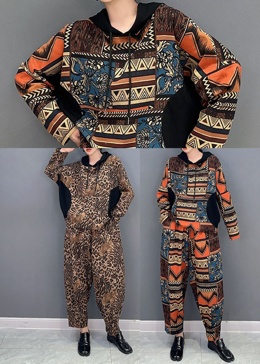 Casual Leopard Hooded Patchwork Cotton Two Pieces Set Spring LY1570 - fabuloryshop