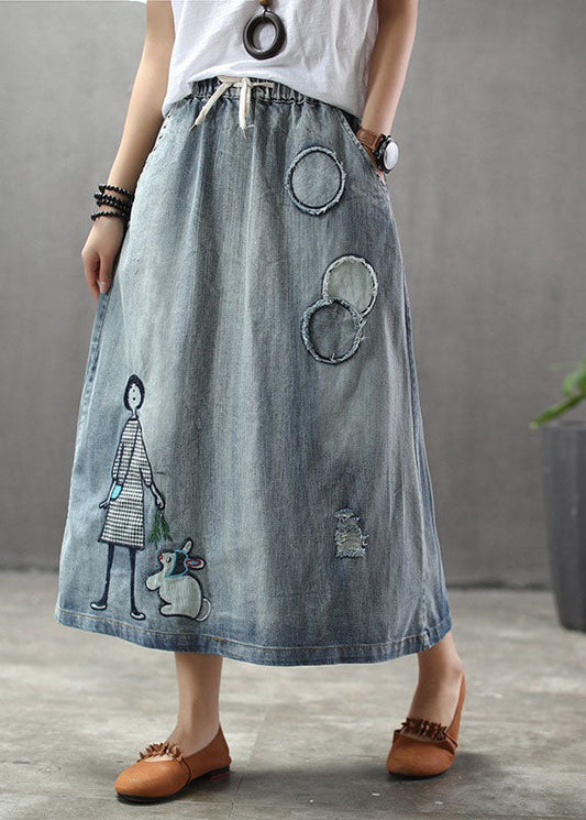 Casual Light Blue Elastic Waist Patchwork Cartoon Embroideried Tulle Denim Skirts Spring TG1012 - fabuloryshop