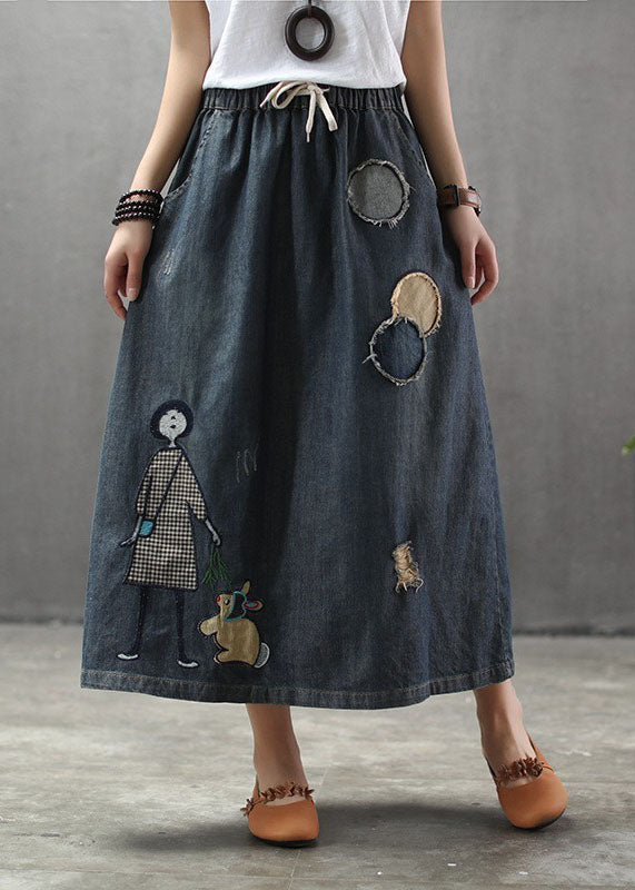 Casual Light Blue Elastic Waist Patchwork Cartoon Embroideried Tulle Denim Skirts Spring TG1012 - fabuloryshop