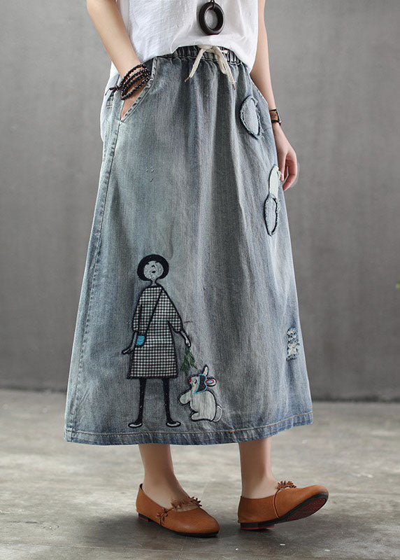 Casual Light Blue Elastic Waist Patchwork Cartoon Embroideried Tulle Denim Skirts Spring TG1012 - fabuloryshop