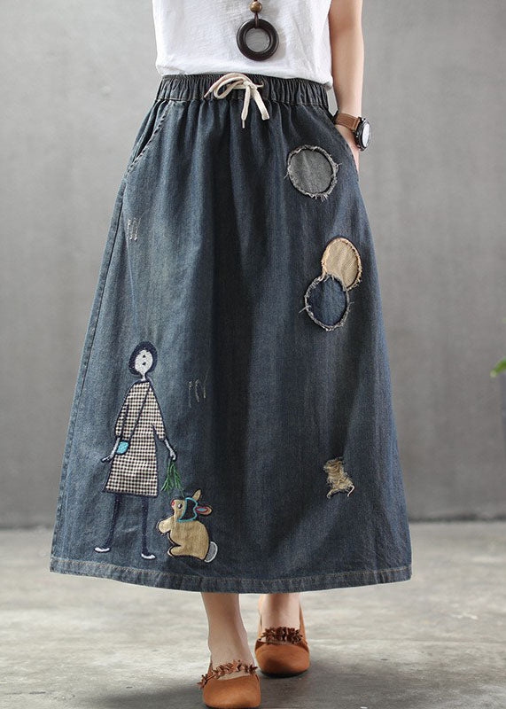 Casual Light Blue Elastic Waist Patchwork Cartoon Embroideried Tulle Denim Skirts Spring TG1012 - fabuloryshop