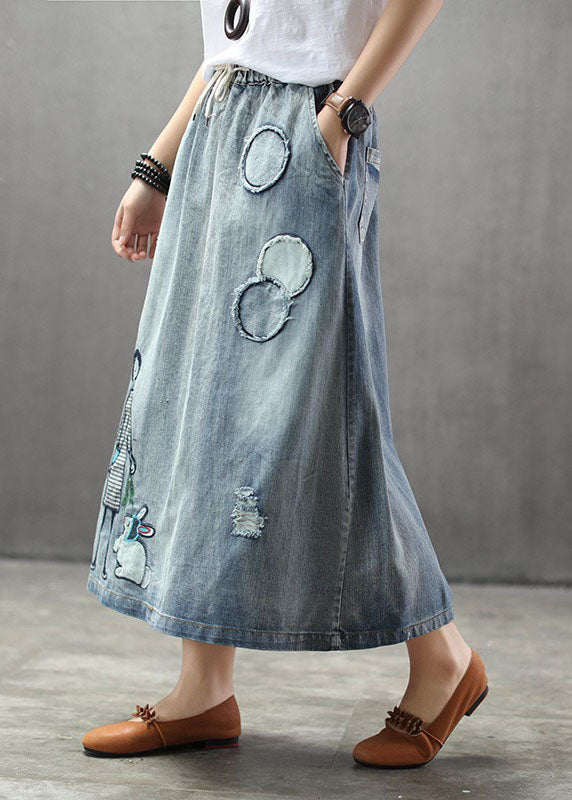 Casual Light Blue Elastic Waist Patchwork Cartoon Embroideried Tulle Denim Skirts Spring TG1012 - fabuloryshop