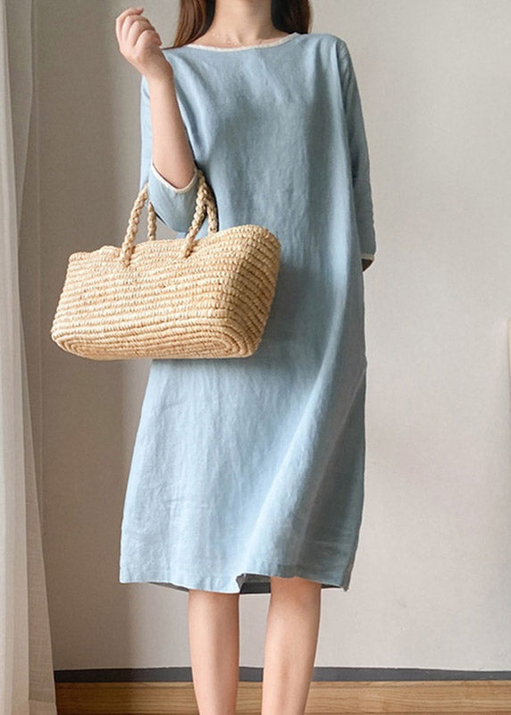 Casual Light Blue O-Neck Linen Dress Half Sleeve LY3906 - fabuloryshop