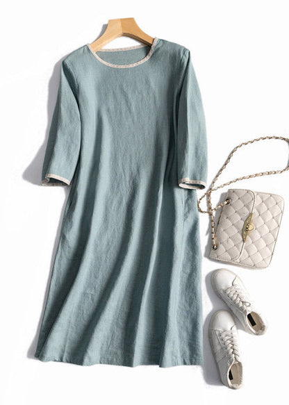 Casual Light Blue O-Neck Linen Dress Half Sleeve LY3906 - fabuloryshop