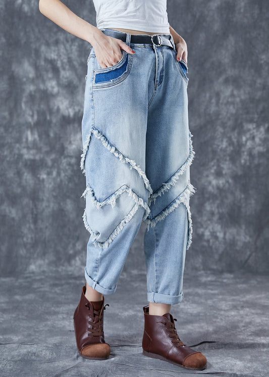 Casual Light Blue Oversized Patchwork Tassel Denim Pants Summer LY5677 - fabuloryshop