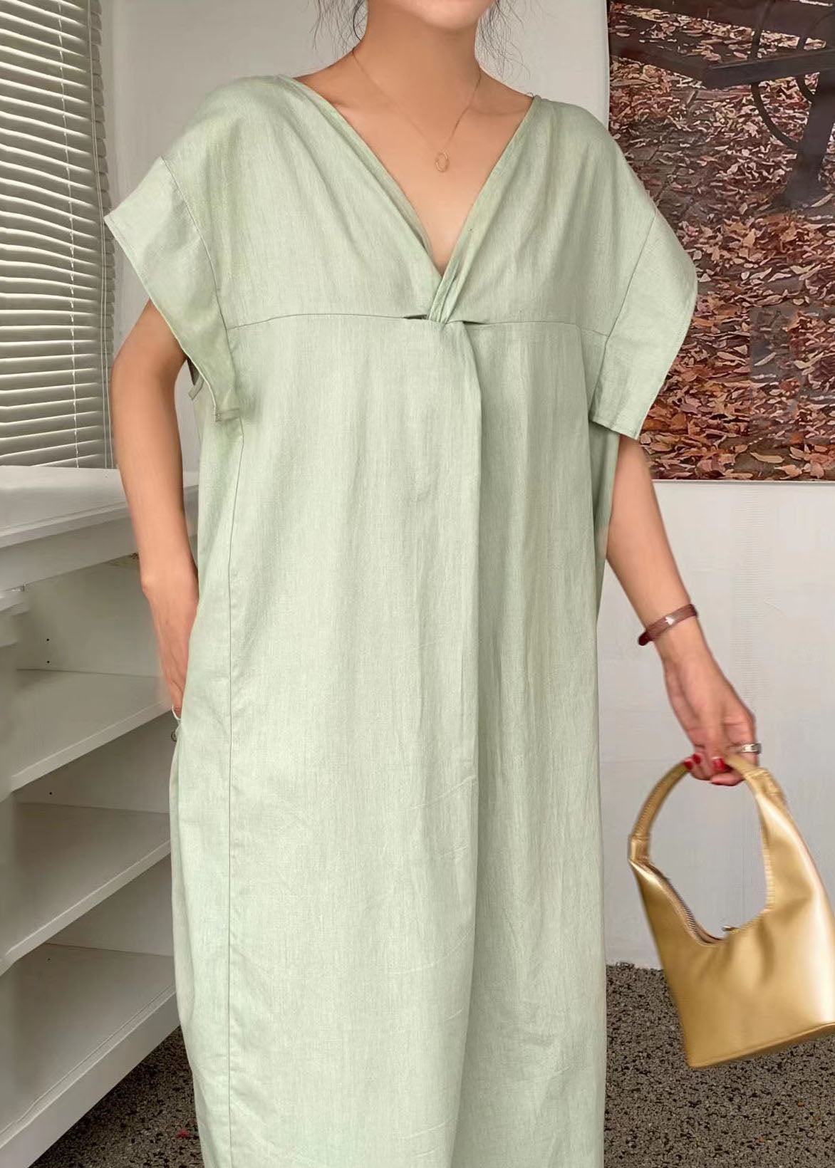 Casual Light Green V Neck Wrinkled Patchwork Cotton Dresses Summer LY1337 - fabuloryshop