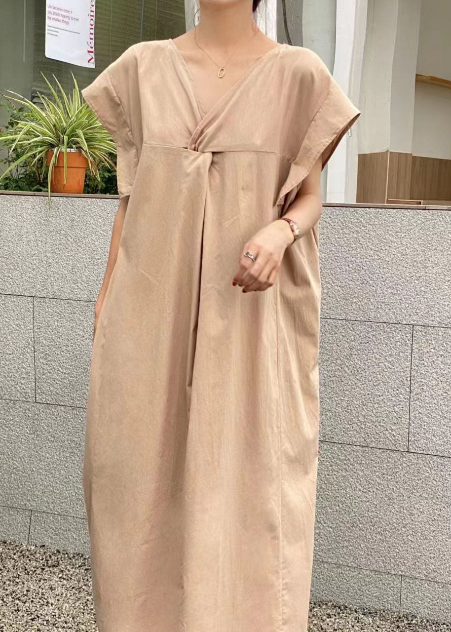 Casual Light Green V Neck Wrinkled Patchwork Cotton Dresses Summer LY1337 - fabuloryshop