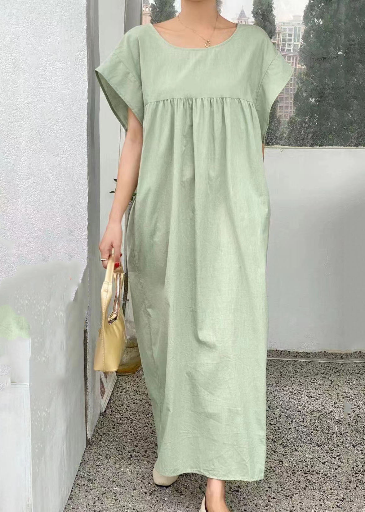 Casual Light Green V Neck Wrinkled Patchwork Cotton Dresses Summer LY1337 - fabuloryshop