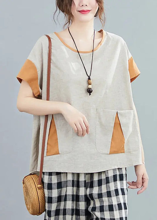 Casual Light Grey Oversized Patchwork Pockets Cotton Tanks Summer Ada Fashion