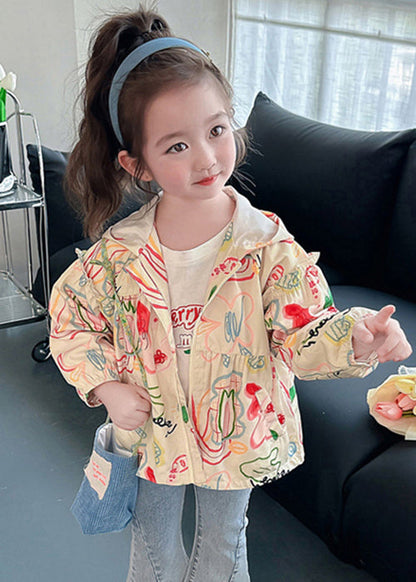 Casual Light Khaki Hooded Print Pockets Cotton Girls Coat Fall Ada Fashion