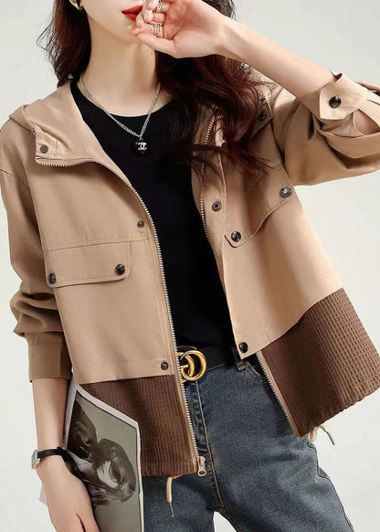 Casual Light Khaki Zip Up Patchwork Cotton Hooded Jacket Fall Ada Fashion