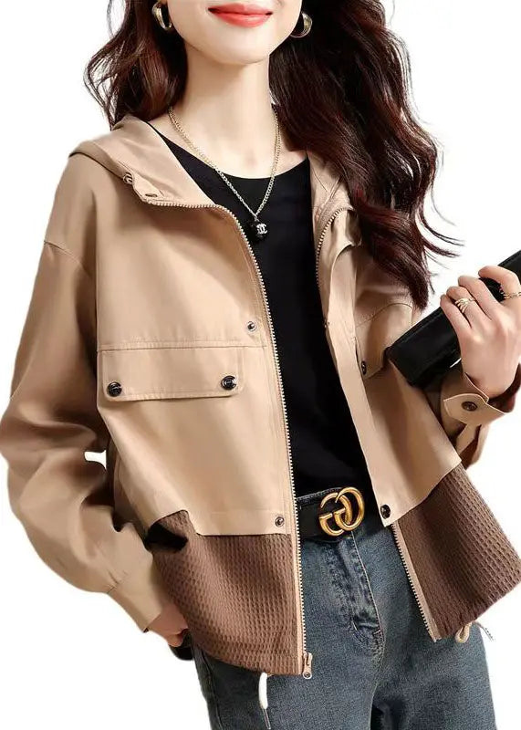 Casual Light Khaki Zip Up Patchwork Cotton Hooded Jacket Fall Ada Fashion