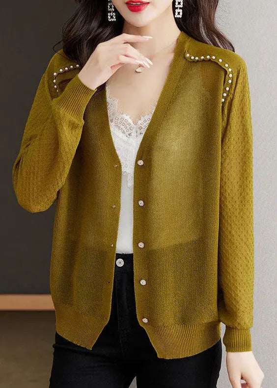 Casual Matcha Colour V Neck Nail Bead Button Ice Size Knit Cardigan Summer Ada Fashion