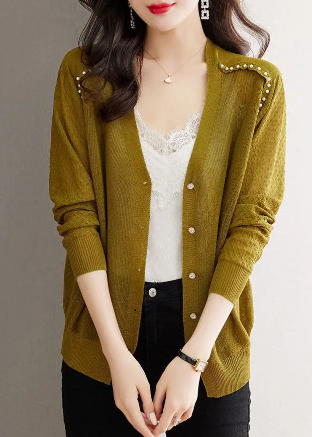 Casual Matcha Colour V Neck Nail Bead Button Ice Size Knit Cardigan Summer Ada Fashion