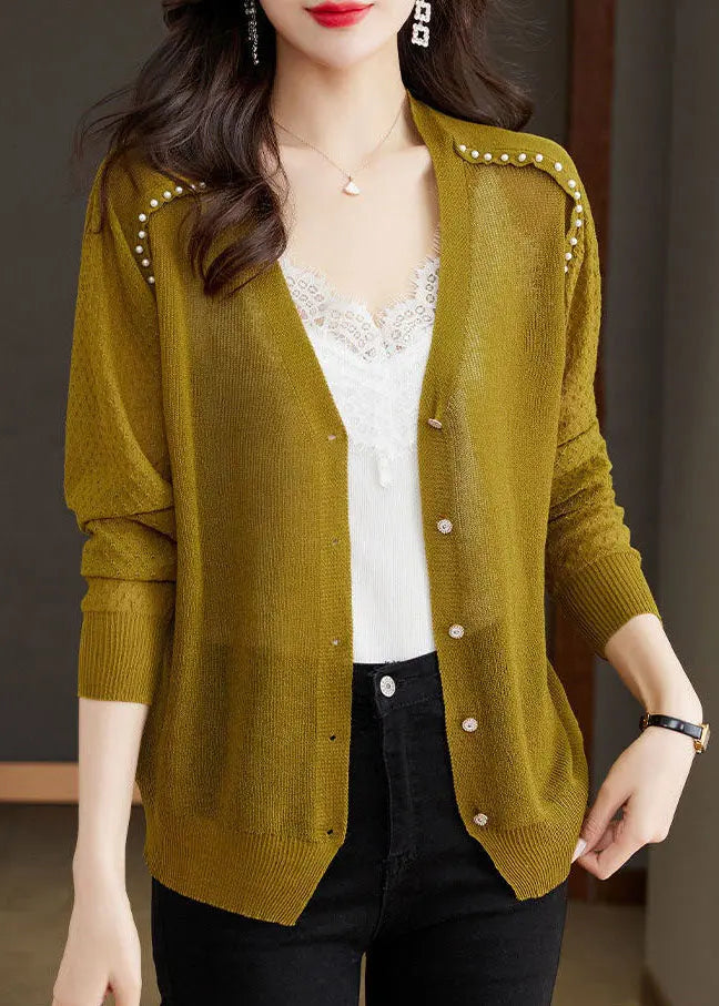 Casual Matcha Colour V Neck Nail Bead Button Ice Size Knit Cardigan Summer Ada Fashion