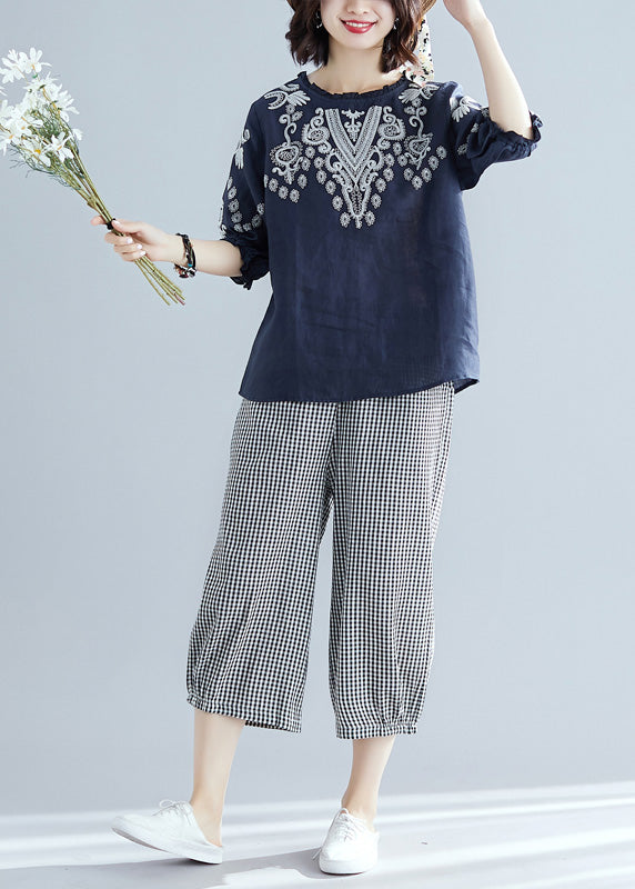 Casual Navy Blue Embroideried Top And Harem Pants Two Pieces Set Short Sleeve LY6023 - fabuloryshop