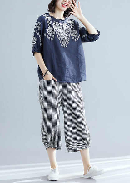 Casual Navy Blue Embroideried Top And Harem Pants Two Pieces Set Short Sleeve LY6023 - fabuloryshop