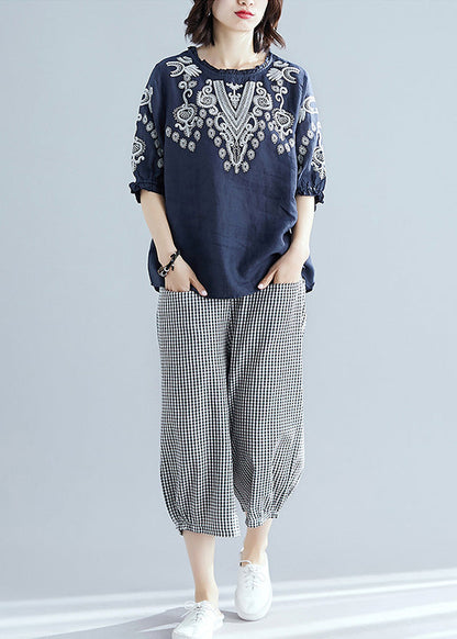 Casual Navy Blue Embroideried Top And Harem Pants Two Pieces Set Short Sleeve LY6023 - fabuloryshop