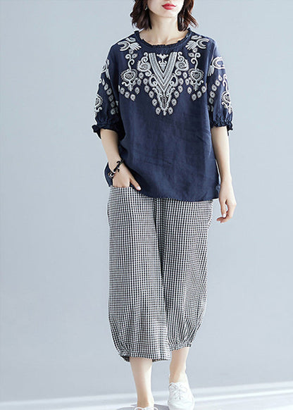 Casual Navy Blue Embroideried Top And Harem Pants Two Pieces Set Short Sleeve LY6023 - fabuloryshop