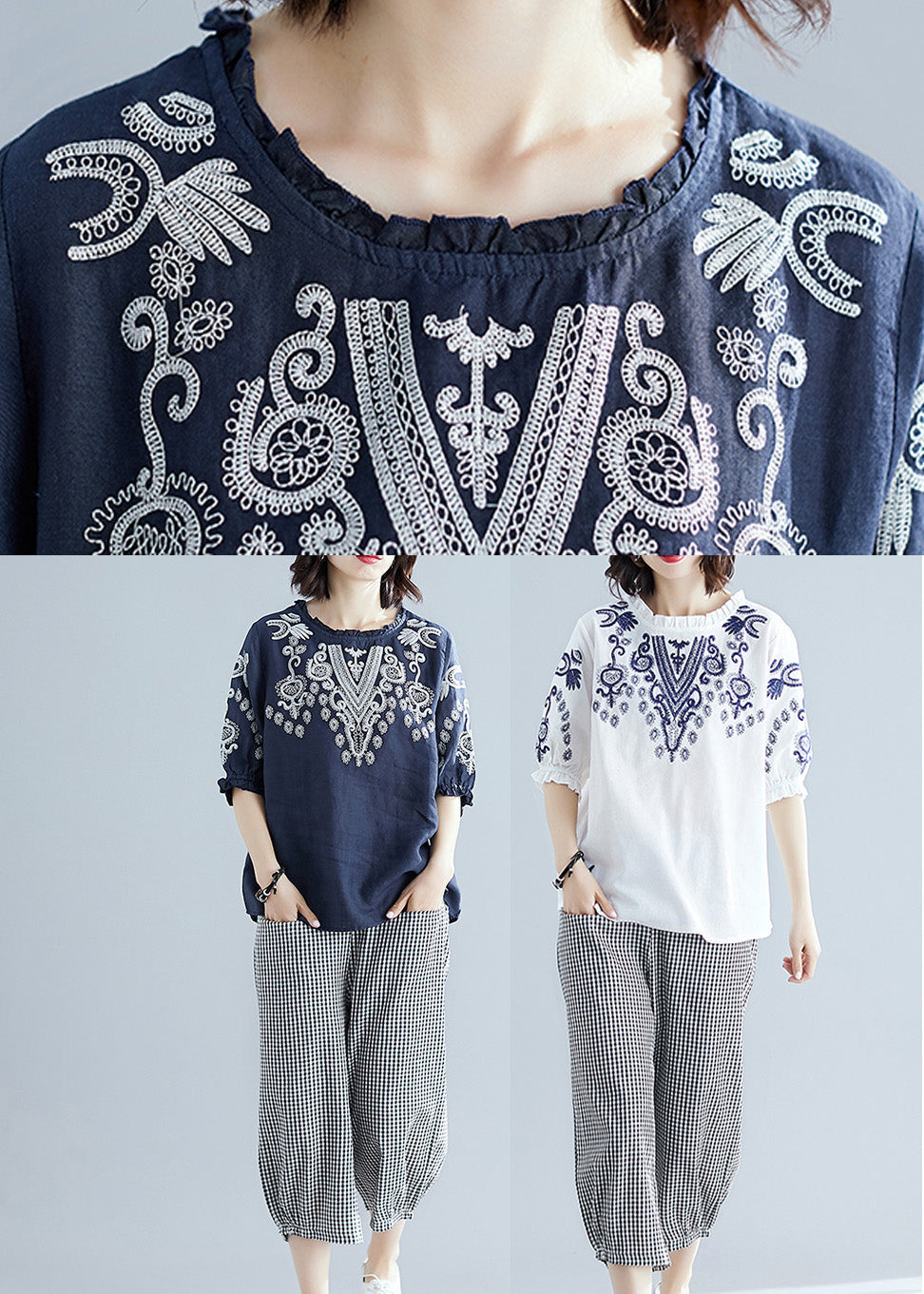 Casual Navy Blue Embroideried Top And Harem Pants Two Pieces Set Short Sleeve LY6023 - fabuloryshop