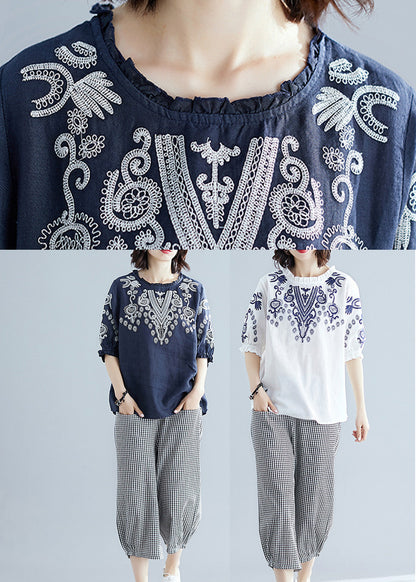 Casual Navy Blue Embroideried Top And Harem Pants Two Pieces Set Short Sleeve LY6023 - fabuloryshop