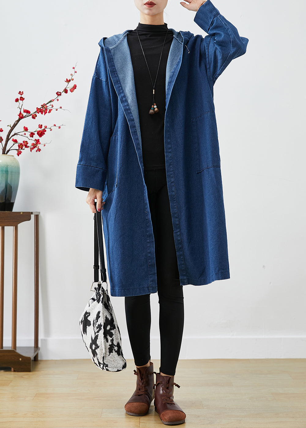 Casual Navy Hooded Oversized Cotton Trench Coats Fall Ada Fashion