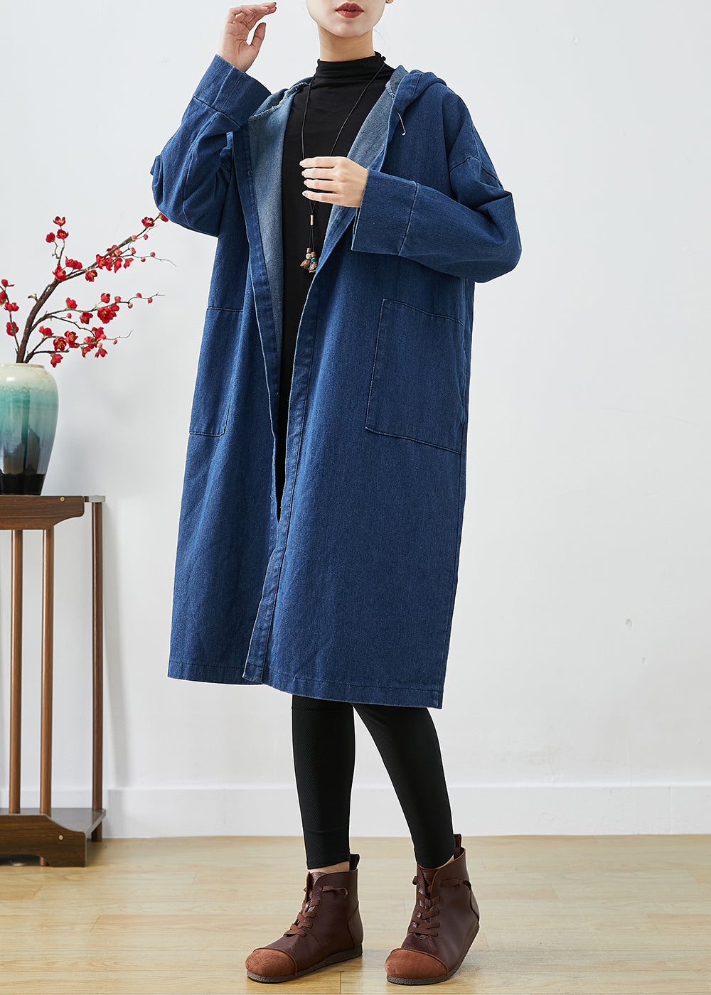 Casual Navy Hooded Oversized Cotton Trench Coats Fall Ada Fashion