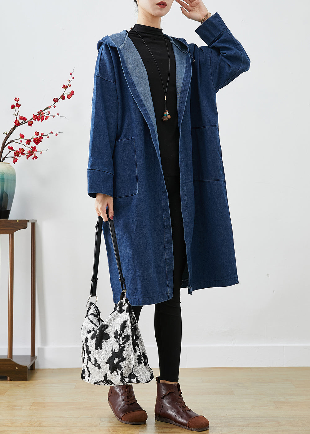 Casual Navy Hooded Oversized Cotton Trench Coats Fall Ada Fashion